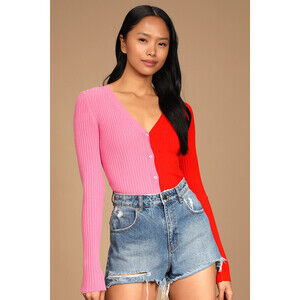 Lulus Dynamic Duo Pink And Red Color Block Ribbed Cardigan Sweater - Size M
